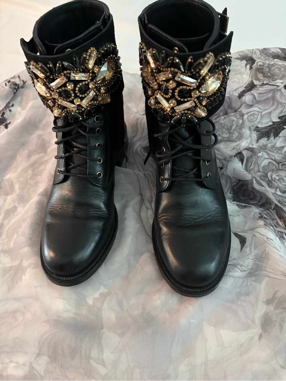Rene Caovilla Black Leather Lace-Up Boots with Gold Crystal Cuff